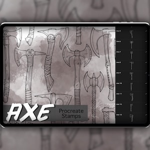May include: A digital illustration of 13 different axe designs. The axes are drawn in black and white on a grey background. The text "AXE Procreate Stamps" is at the bottom of the image.