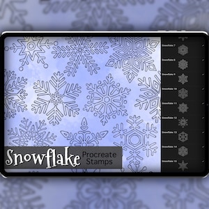 May include: A digital illustration of 15 different snowflake designs on a tablet screen. The text "Snowflake Procreate Stamps" is displayed on the screen.