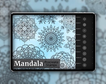 May include: A digital tablet screen displaying a set of 12 black and white mandala designs labelled "Mandala Procreate Stamps".