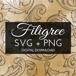 Puede incluir: Una descarga digital de un diseño de filigrana en formato SVG y PNG. El diseño presenta intrincados remolinos y florituras, perfecto para agregar un toque de elegancia a tus proyectos.