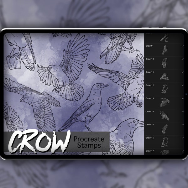 Zestaw znaczków Crow Procreate 1 - 20 znaczków pędzla Crow Corvid Bird | ilustracje | Wzory tatuaży | Pakiet pędzli cyfrowych | Natura i zwierzęta