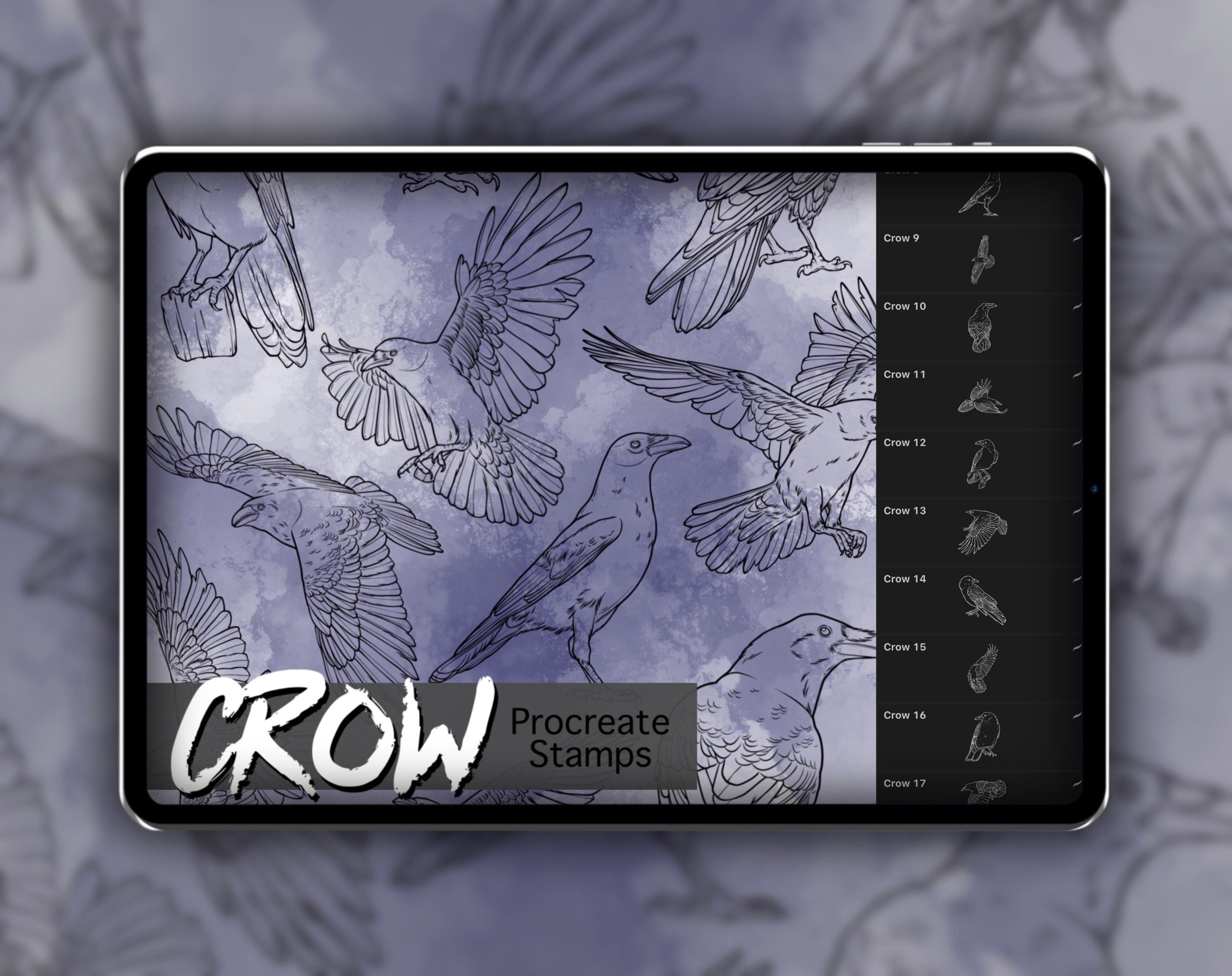 Crow Procreate Stamp Set 1 – 20 Corvid Bird Brush Stamps for Tattoos, Illustration & Digital Art
