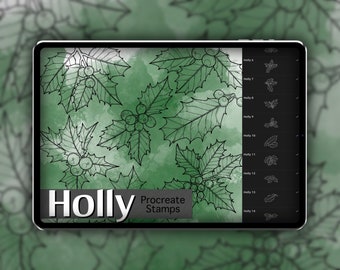 Holly Procreate Stamp Set 1 - 20 Timbres brosse feuilles et baies de houx | Noël Hiver | Dessins de tatouage | Procréer un pack de pinceaux numériques
