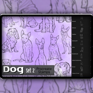 Pode incluir: Uma ilustração digital de um conjunto de 12 raças de cães, incluindo um Basenji, um maltês, um papillon, um bullmastiff, um akita, um bloodhound, um galgo italiano, um borzoi e um terrier tibetano. As ilustrações são em preto e branco e são etiquetadas com o nome da raça. A imagem está na tela de um tablet com o texto "Dog Set 2 Procreate Stamps".