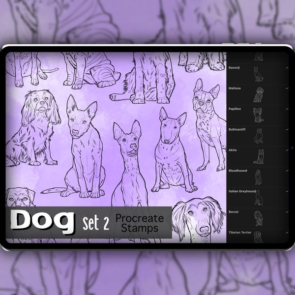 Dog Breed Procreate Stamp Set 2 - 30 Dog Breed Brush Stamps | Illustrations | Tattoo Designs | Digital Brush Pack | Illustration | Pet