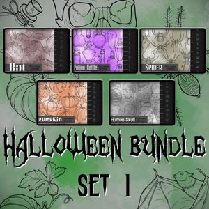 May include: Halloween themed Procreate stamp bundle set 1, featuring a bat, potion bottle, spider, pumpkin, and human skull. Each stamp is a seamless pattern.