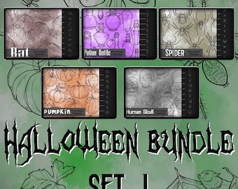 Lot d'estampes Procreate Halloween 1 - Chauve-souris, bouteille de potion, tête de mort, citrouille, araignée | Dessins de tatouage | Pack de pinceaux numériques