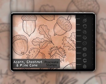 Acorn, Chestnut & Pine Cone Procreate Stamp Set 1 - 25 Autumn Brush Stamps | Illustrations | Tattoo Designs | Procreate Digital Brush Pack