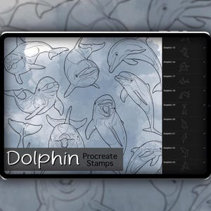 Puede incluir: Una tableta digital muestra ilustraciones de delfines, con el texto "Dolphin Procreate Stamps". Los dibujos están en un estilo de arte lineal, con varias poses de delfines sobre un fondo azul claro.