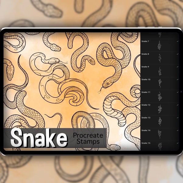 Jeu d'estampes Snake Procreate 1 - 25 tampons pinceaux Serpent Serpent | Illustrations | Dessins de tatouage | Pack de pinceaux numériques Procreate