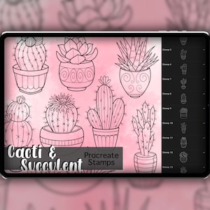 May include: A digital illustration of 13 black and white cactus and succulent stamps for use in the Procreate app. The stamps are arranged in a grid on a pink background.