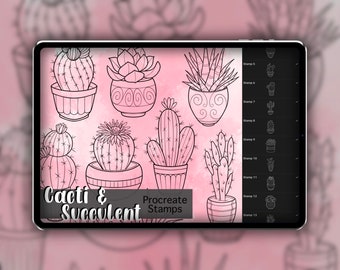 Set di timbri Procreate per cactus e piante grasse 1 - 20 Timbri a pennello per cactus carini e vasi succulenti / Illustrazioni / Disegni di tatuaggi / Procreate Digital