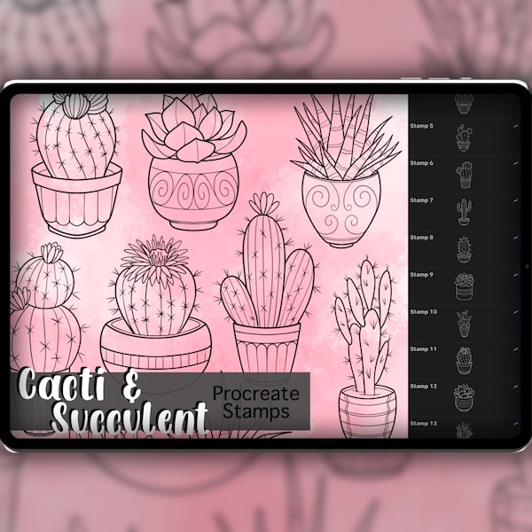 Cacti & Succulent Procreate Stamp Set 1 - 20 Cute Cacti and Succulent Pot Brush Stamps | Illustrations | Tattoo Designs | Procreate Digital