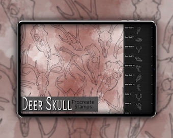 Set di timbri Procreate Teschio di cervo 1 - 20 Timbri con pennello Teschio di cervo e corna / Illustrazioni / Disegni di tatuaggi / Pacchetto pennelli digitali Procreate
