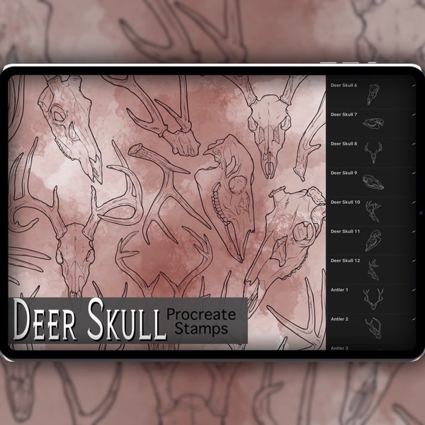 Deer Skull Procreate Stamp Set 1 - 20 Timbres de brosse de crâne de cerf et de bois | Illustrations | Dessins de tatouage | Procréer un pack de pinceaux numériques