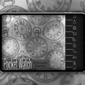 May include: A digital tablet screen displaying a set of 13 pocket watch illustrations, labelled "Pocket Watch Procreate Stamps". The illustrations are in black and white and feature various designs of pocket watches.