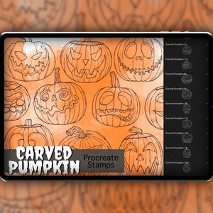 May include: A digital illustration of 14 different carved pumpkin designs for use as Procreate stamps. The pumpkins are outlined in black and have various facial expressions.