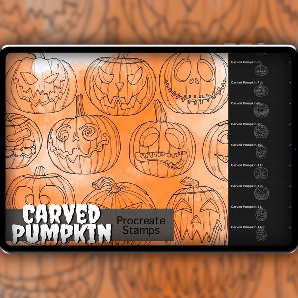 Carved Pumpkin Procreate Stamp Set 1 - 20 Carved Halloween Pumpkin Brush Stamps | Illustrations | Tattoo Designs | Digital Brush Pack