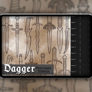May include: A digital illustration of 17 different dagger designs. The daggers are drawn in black ink on a brown background. The text "Dagger Procreate Stamps" is at the bottom of the image.