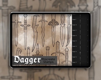 Set di timbri Dagger Procreate 1 - 25 timbri a pennello decorati con pugnale, spada e coltello / Illustrazioni / Disegni per tatuaggi / Pacchetto di pennelli digitali / Colorazione