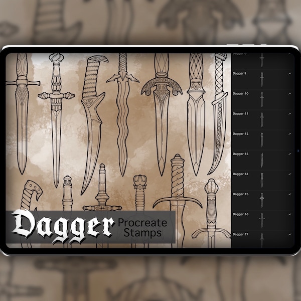 Dagger Procreate Stamp Set 1 - 25 Ornate Dagger, Sword, Knife Brush Stamps | Illustrations | Tattoo Designs | Digital Brush Pack | Colouring