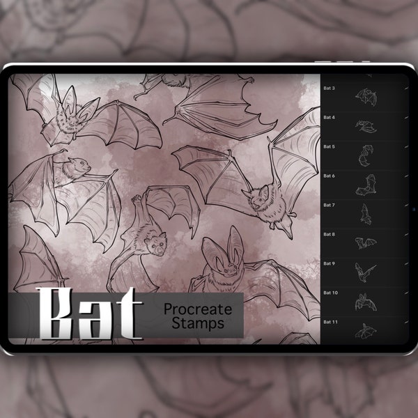 Bat Procreate Set de tampons 1 - 20 Tampons de brosse de mammifère d'aile de chauve-souris | Illustrations | Dessins de tatouage | Pack de pinceaux numériques | Halloween