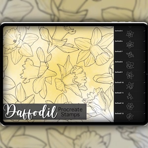 May include: A digital tablet displays a yellow background with black line art of daffodils. The text "Daffodil Procreate Stamps" is visible. A side panel shows various daffodil stamp designs.