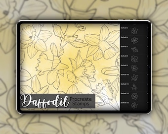 Ensemble de timbres de procréation de jonquille 1 - 20 timbres de brosse florale de fleur de jonquille | Illustrations | Dessins de tatouage | Procréer un pack de pinceaux numériques