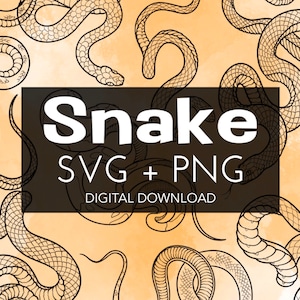 Op de afbeelding: Een digitale download van een set met zwart-wit illustraties van slangen. De slangen zijn gedetailleerd en realistisch getekend en zijn gerangschikt in een herhalend patroon op een lichtoranje achtergrond. De tekst "Snake SVG + PNG Digitale download" wordt weergegeven in een zwarte rechthoek.