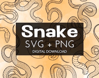 May include: A digital download of a set of black and white snake illustrations. The snakes are drawn in a detailed, realistic style and are arranged in a repeating pattern on a light orange background. The text "Snake SVG + PNG Digital Download" is displayed in a black rectangle.