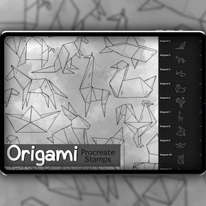 May include: A digital illustration of 11 origami designs, including a swan, a boat, a giraffe, a shark, and a rooster. The designs are labeled "Origami Procreate Stamps" on a tablet screen.