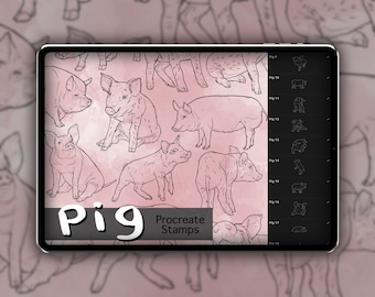 Jeu d'estampes « Procreate de porcs » 1 - 20 estampes de pinceaux de mammifères de ferme de porcelets de porc | Illustrations | Dessins de tatouage | Pack de pinceaux numériques | Animaux et nature