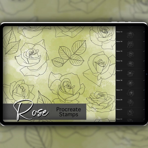 Jeu d'estampes Procreate Rose 1 - 35 roses et feuilles, Tampons pinceaux à fleurs | Illustrations | Dessins de tatouage | Pack de pinceaux numériques Procreate