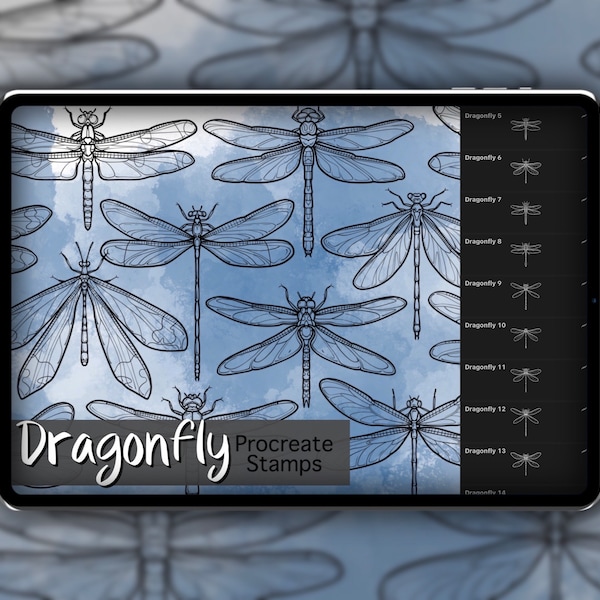 Ensemble de tampons Dragonfly Procreate 1 - 25 tampons de brosse à insectes libellule | Illustrations | Dessins de tatouage | Pack de pinceaux numériques