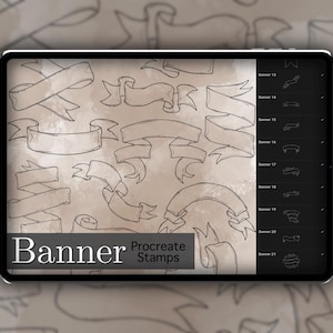 May include: A digital tablet displays a collection of banner designs. The banners are in a sketch style, with various shapes and folds. The text "Banner Procreate Stamps" is visible at the bottom of the screen. The background has a watercolor effect.