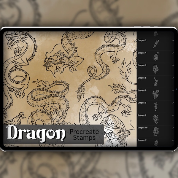 Dragon Procreate-stempelset 1 - 20 Dragon Reptile Brush-stempels | Illustraties | Tatoeageontwerpen | Maak een digitaal penseelpakket voort