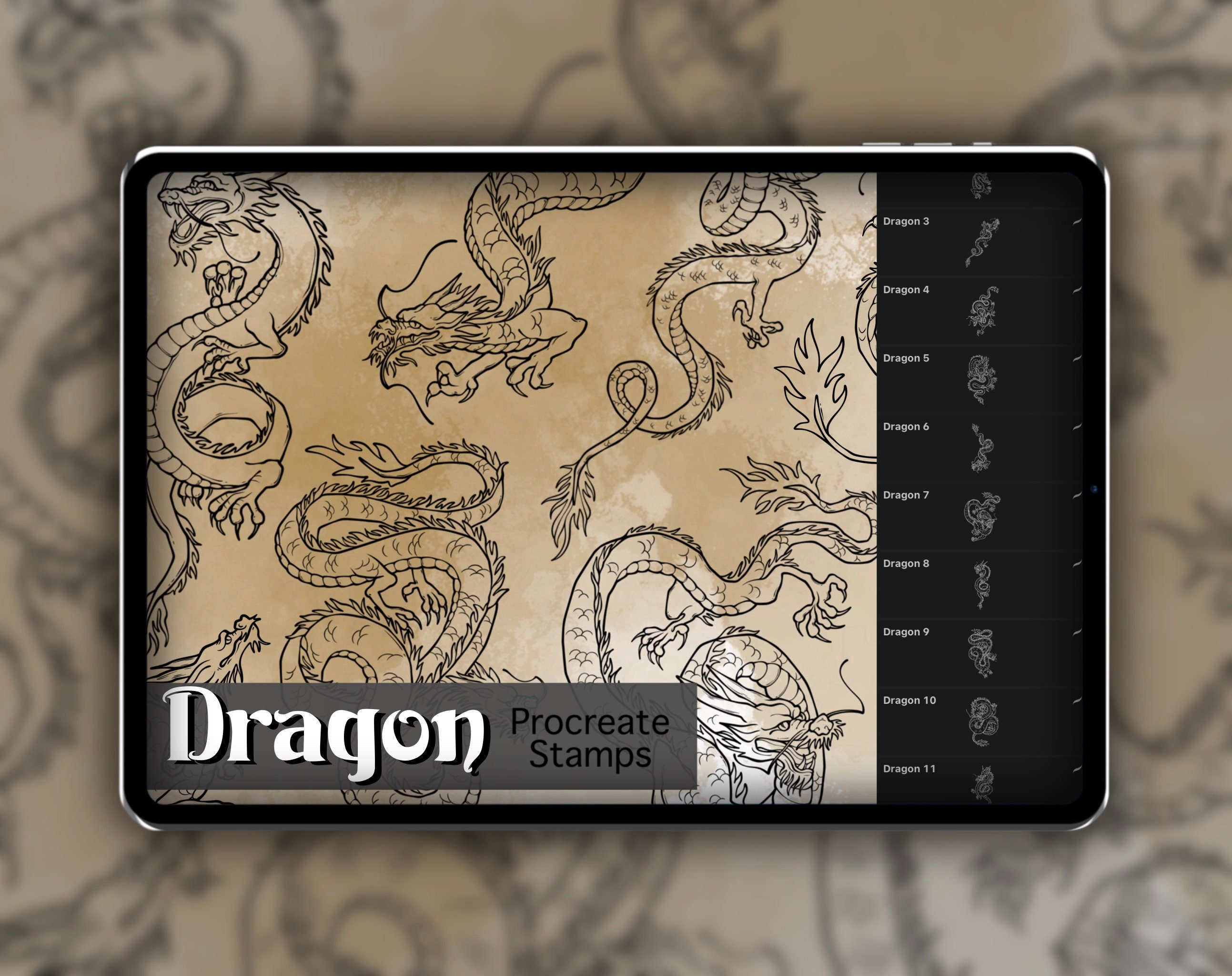 Dragon Procreate – Set de tampons 1 : 20 tampons pinceaux dragons & reptiles pour tatouage, illustration et art numérique
