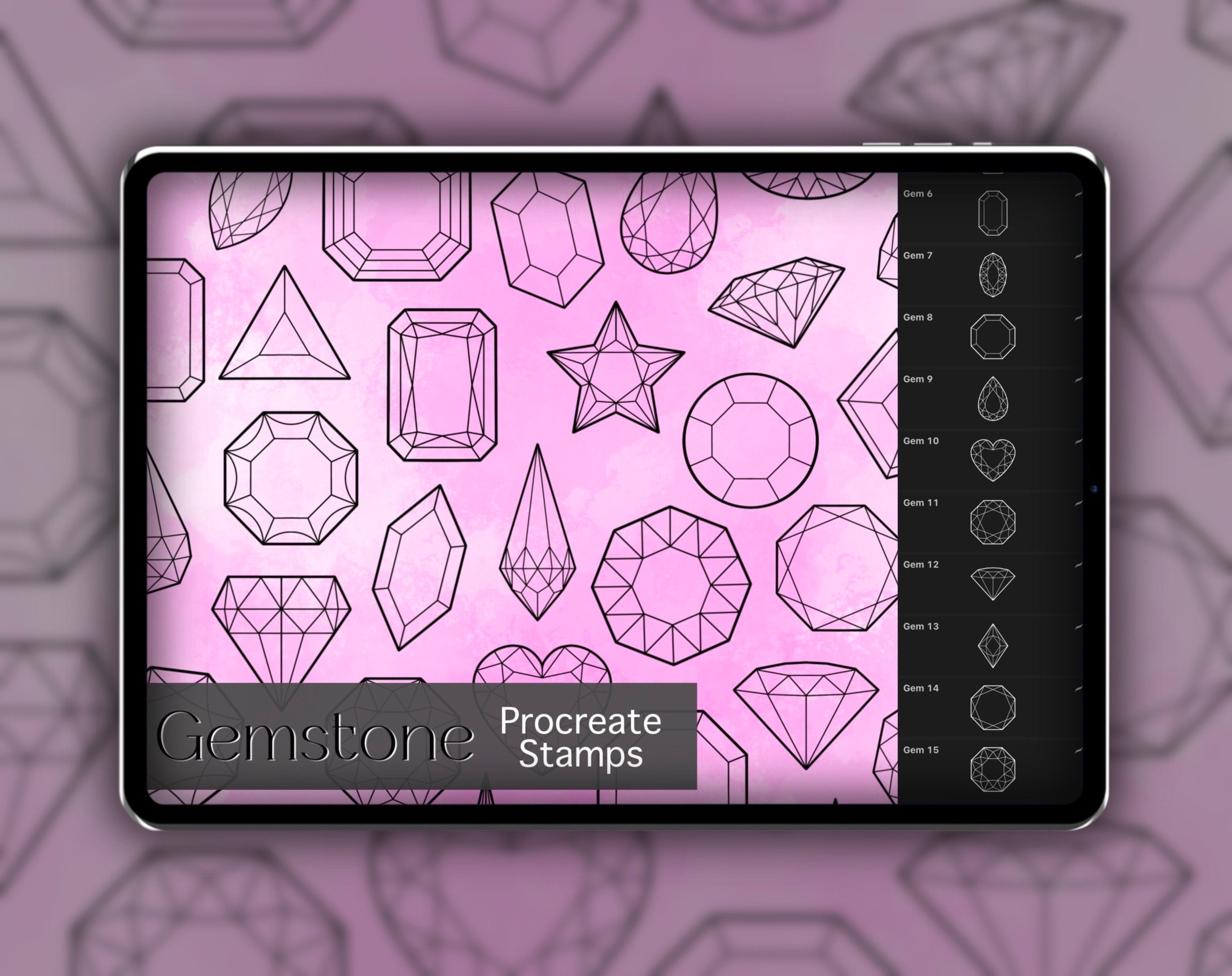 Gemstone Procreate Stempel-Set 1: 40 facettierte Edelstein- & Diamant-Pinselstempel für Tattoo und Design