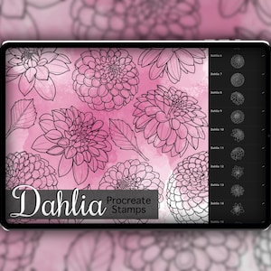 May include: A digital illustration of 15 different dahlia flower stamps for Procreate. The stamps are black and white line drawings on a pink watercolor background.