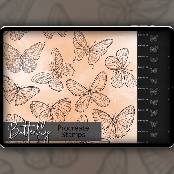 Butterfly Procreate Stamp Set 1 - 25 Timbres de brosse à insectes papillon | Illustrations | Dessins de tatouage | Procréer un pack de pinceaux numériques