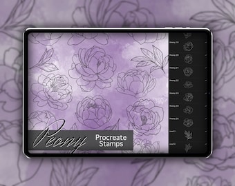 Set di timbri Peony Procreate 1 - 35 Peonie e foglie, francobolli per pennelli floreali / Illustrazioni / Disegni di tatuaggi / Pacchetto pennelli digitali Procreate