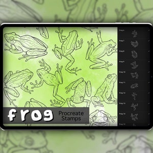 May include: A digital illustration of 15 different frog stamps for Procreate. The frogs are drawn in black and white and are in various poses. The stamps are labeled with numbers 6 through 15.