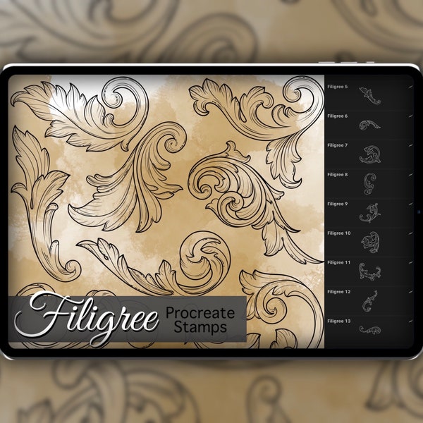 Filigree Procreate Stamp Set 1 - 20 Timbres de brosse en filigrane décoratifs ornementaux | Illustrations | Dessins de tatouage | Procréer des pinceaux numériques