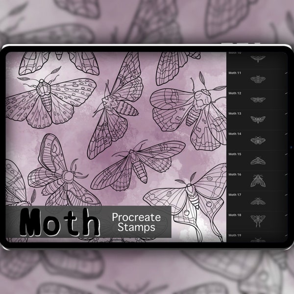 Moth Procreate Stamp Set 1 - 25 Timbres de brosse à insectes papillons de nuit | Illustrations | Dessins de tatouage | Procréer un pack de pinceaux numériques