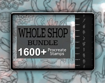 NEGOZIO COMPLETO 1600+ Procreate Stamps Bundle - Set di timbri pennello tutto in uno / Illustrazioni / Disegni per tatuaggi / Pacchetto di pennelli digitali Procreate /