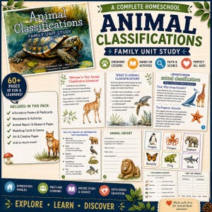 Op de afbeelding: Een kleurrijke educatieve poster getiteld "Dierclassificaties" voor gezinsstudie. Het bevat informatieposters, werkbladen en spellen. De poster toont illustraties van verschillende dieren, waaronder een schildpad, hert, vos en leeuw, perfect voor thuisonderwijsgezinnen.
