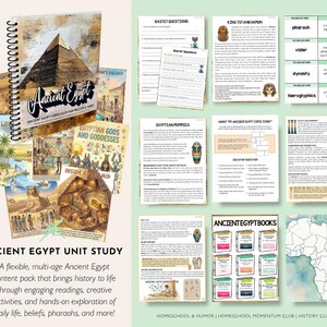 May include: An Ancient Egypt unit study, including a spiral-bound notebook with a pyramid image, and various educational printables. The materials feature colourful illustrations of pharaohs, gods, and ancient Egyptian life. The text reads "Ancient Egypt Unit Study".