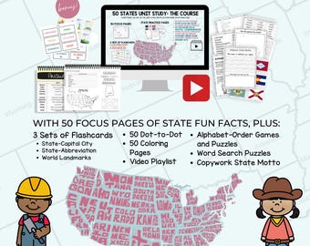May include: Educational resource for learning about the 50 United States. The image includes a computer screen, flashcards, and worksheets. The text reads "50 States Unit Study Course" and lists various activities like dot-to-dot and word search puzzles.