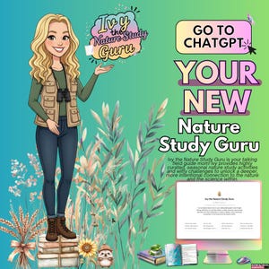 May include: An illustrated advertisement for "Ivy the Nature Study Guru." The image features a cartoon woman with binoculars, standing near text that reads "Your New Nature Study Guru." Additional text promotes nature study activities.