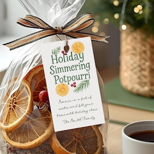 May include: A clear cellophane bag tied with a brown ribbon, containing dried orange slices and berries. A tag reads "Holiday Simmering Potpourri." A white mug of coffee and a small Christmas tree are nearby.